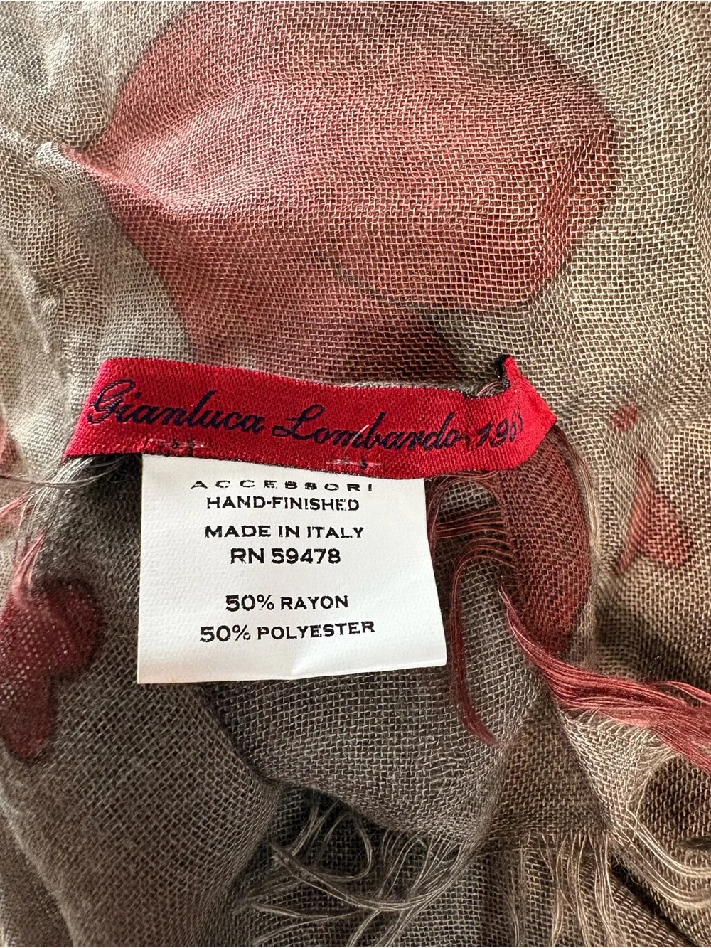 Taupe Scarf with Red Heart Motif - Women's Lightweight Wrap